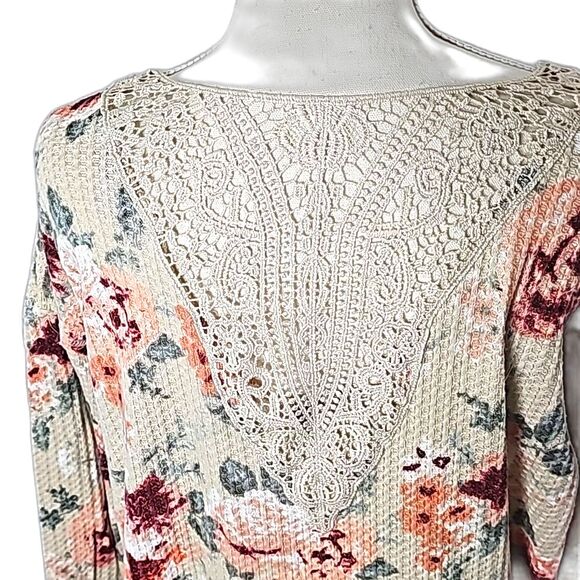 Top Waffle Knit with Lace  Floral Multicolor Button Front Long Sleeve  Sz XL - Picture 3 of 5
